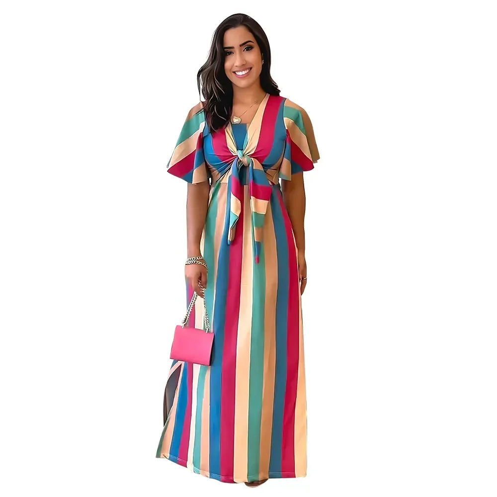 Rainbow Striped Hollow-Out Short Butterfly Sleeve Lace-Up Maxi Dress