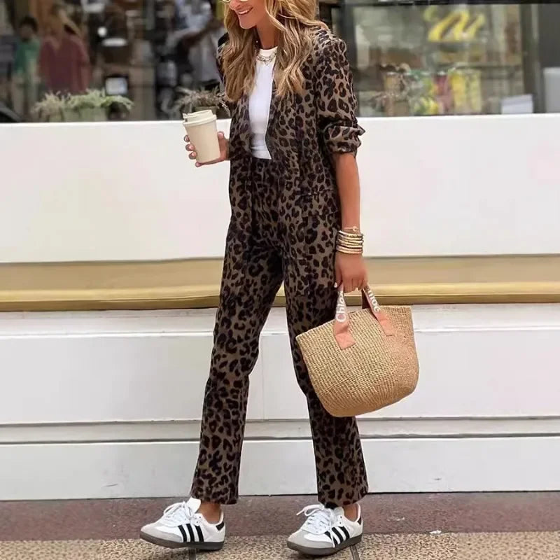 Leopard Printed Women's Long Sleeve Blazer Jacket + Trouser Pants Office Suit