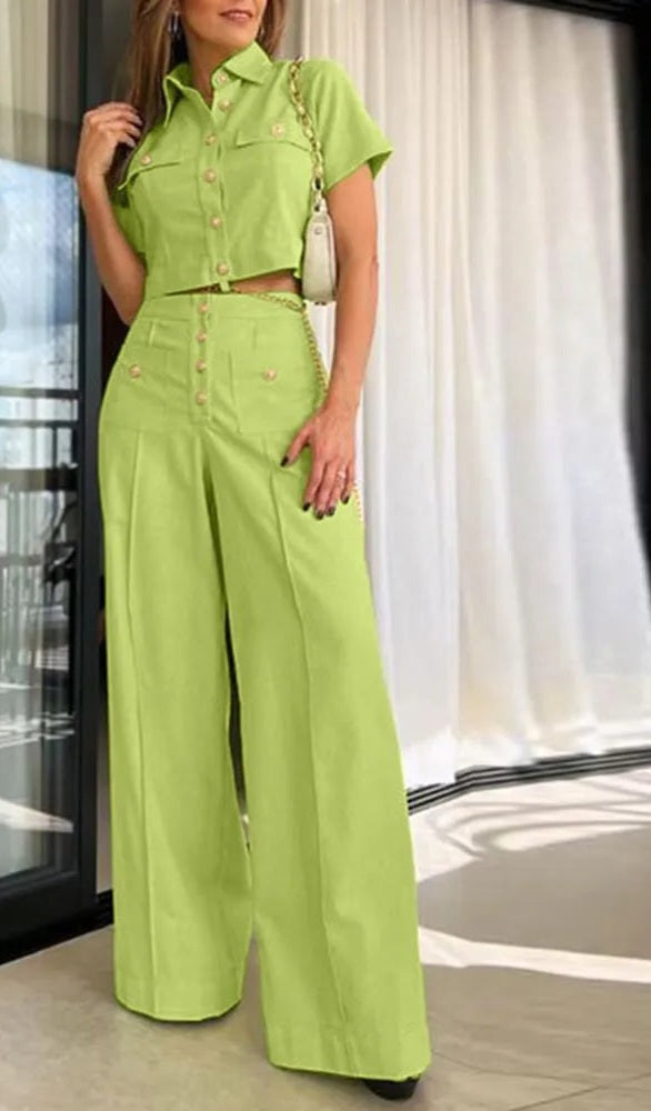 Button Up Solid Color Short Sleeve Cropped Blouse + Button Design Pleated Wide Leg Pant Ladies 2-Piece Sets to 5X