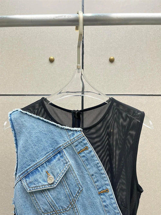 Colorblock Patchwork Denim Designer Round Neck Sleeveless Spliced Pocket Dress