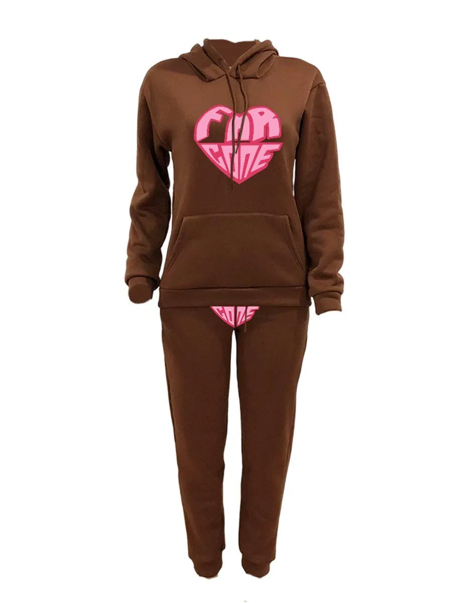 "Far Gone" Heart Print Kangaroo Pockets Hoodie + Sweatpants Ladies Tracksuit to 4X