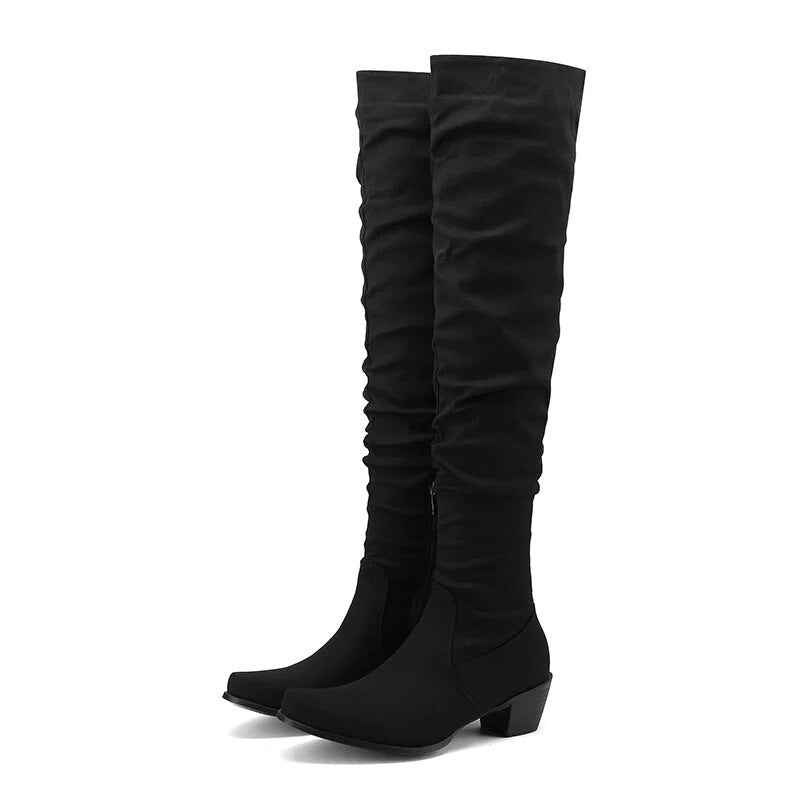 Zipper Block Heel Folded Over-The- Knee Boots