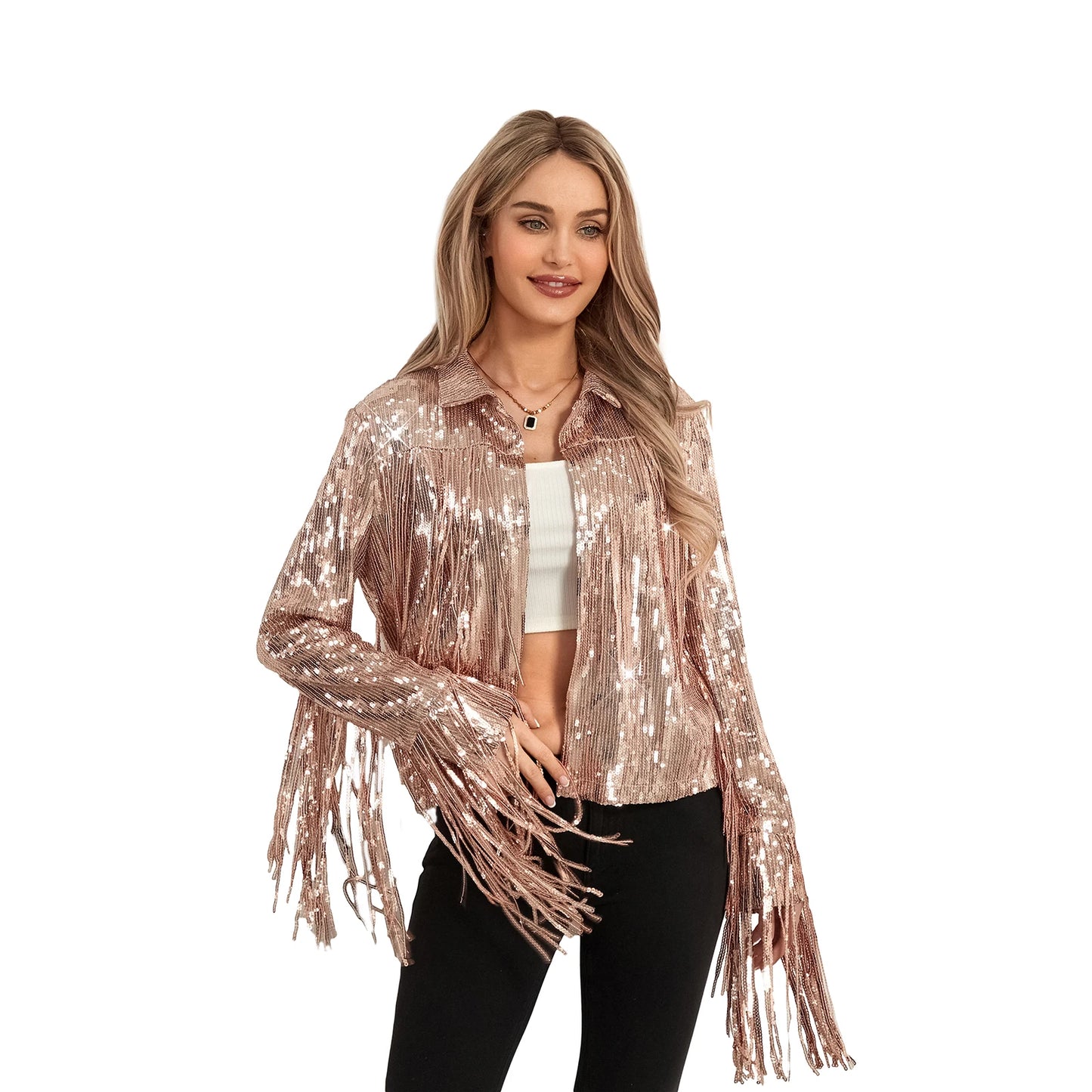 Sparkling Metallic Sequin Tassel Fringe Western Women's Long Sleeve Open Cowgirl Jacket