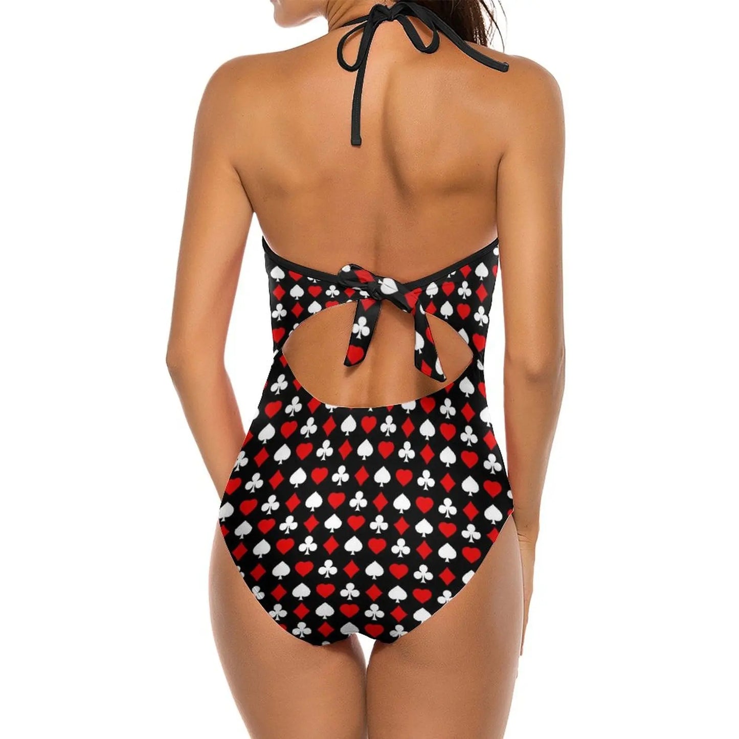 Women's Spaghetti Strap V-Neck Playing Card Print One-Piece Swimsuit