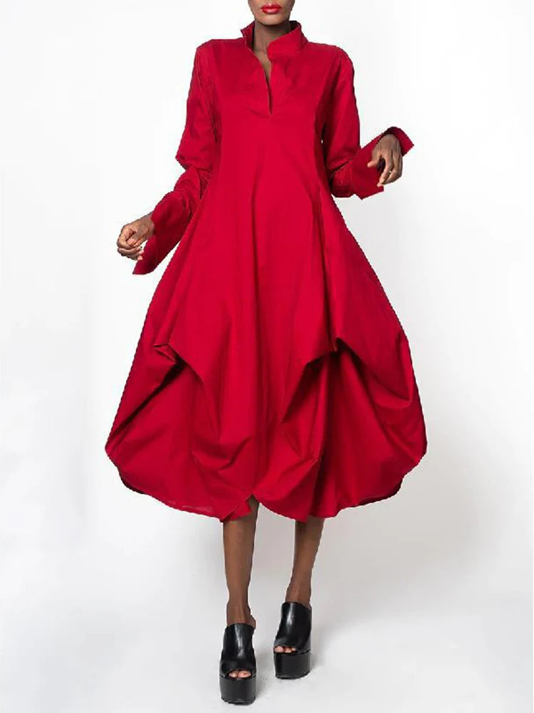 Temperament Folded  Stand Collar Long Sleeve Midi Dress