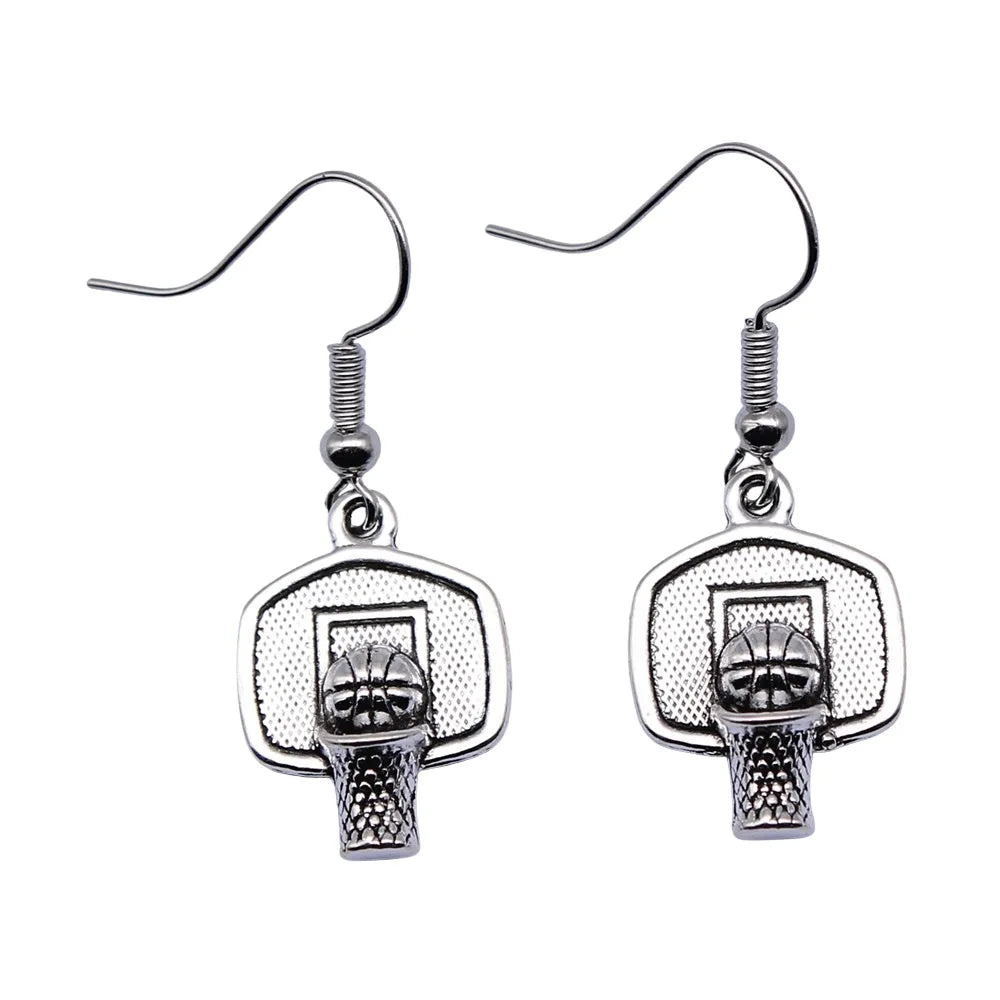 Basketball Hoop Backboard Handmade Antique Silver Pendant Hook Earrings