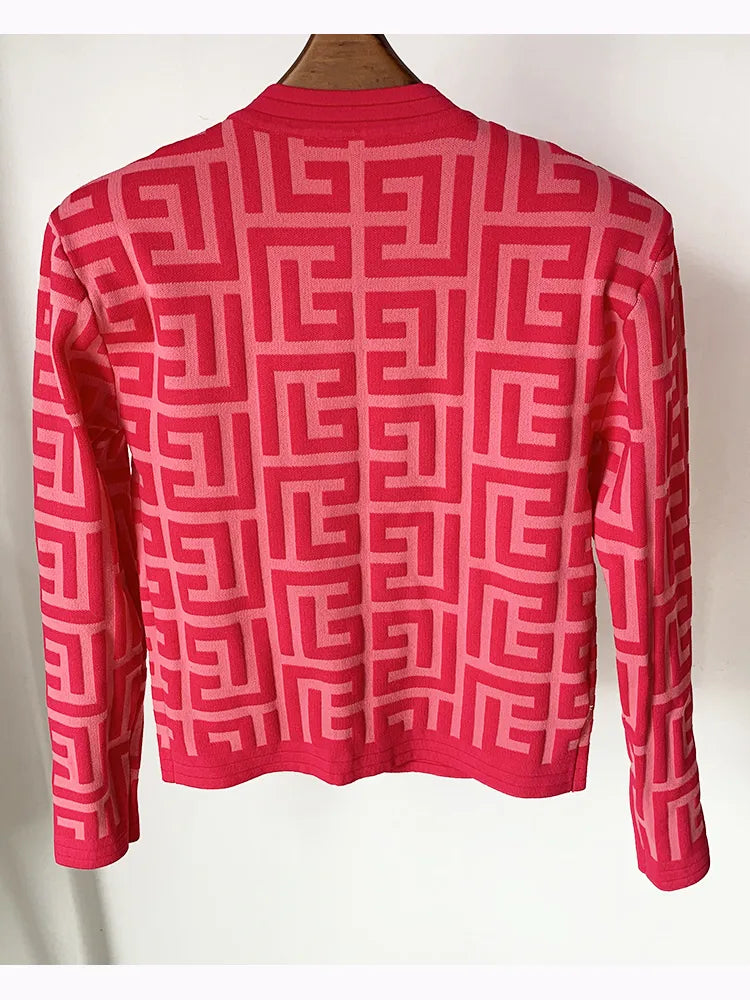 Pink Designer Lion Buttons Monogram Geometric Jacquard Knitted Sweater Cardigan/Matching Knitted Pants