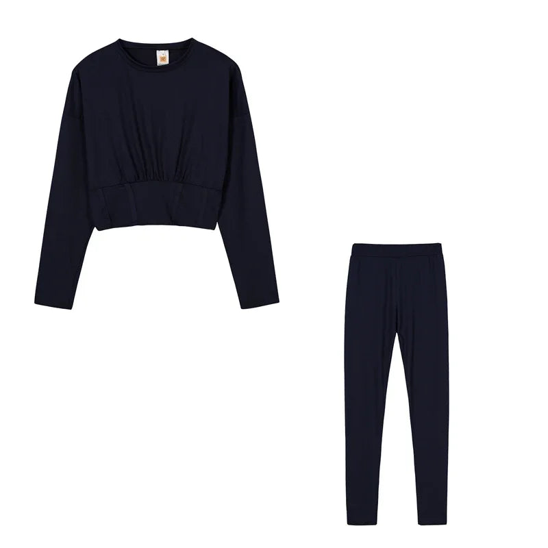 Ruched Fitted O-Neck Solid Color Women's Long Sleeve Crop Top + Leggings Tracksuit