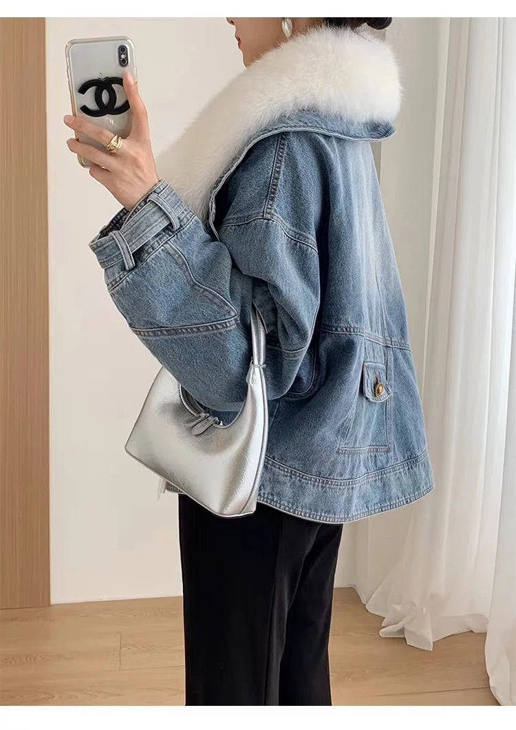 Denim Oversized 100% Real Fox Fur Collar Short Women's Goose Down Puffer Jean Jacket