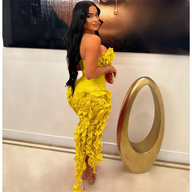 Sleeveless Floral Ruffled Tube Top Hanging Tassel Design Irregular Dress