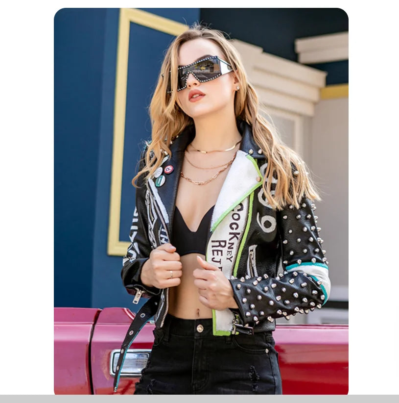 Rivet Stud Clown Print Hip-Hop Design PU Leather Women's Streetwear Biker Jacket to 3X Plus Size