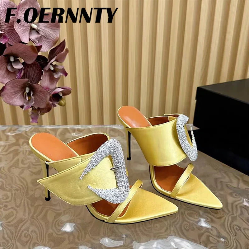 2024 New Satin Rhinestone One Strap Slippers Women Peep Toe High Heels Slides Women Sexy Pointed Toe Slingback Party Slippers