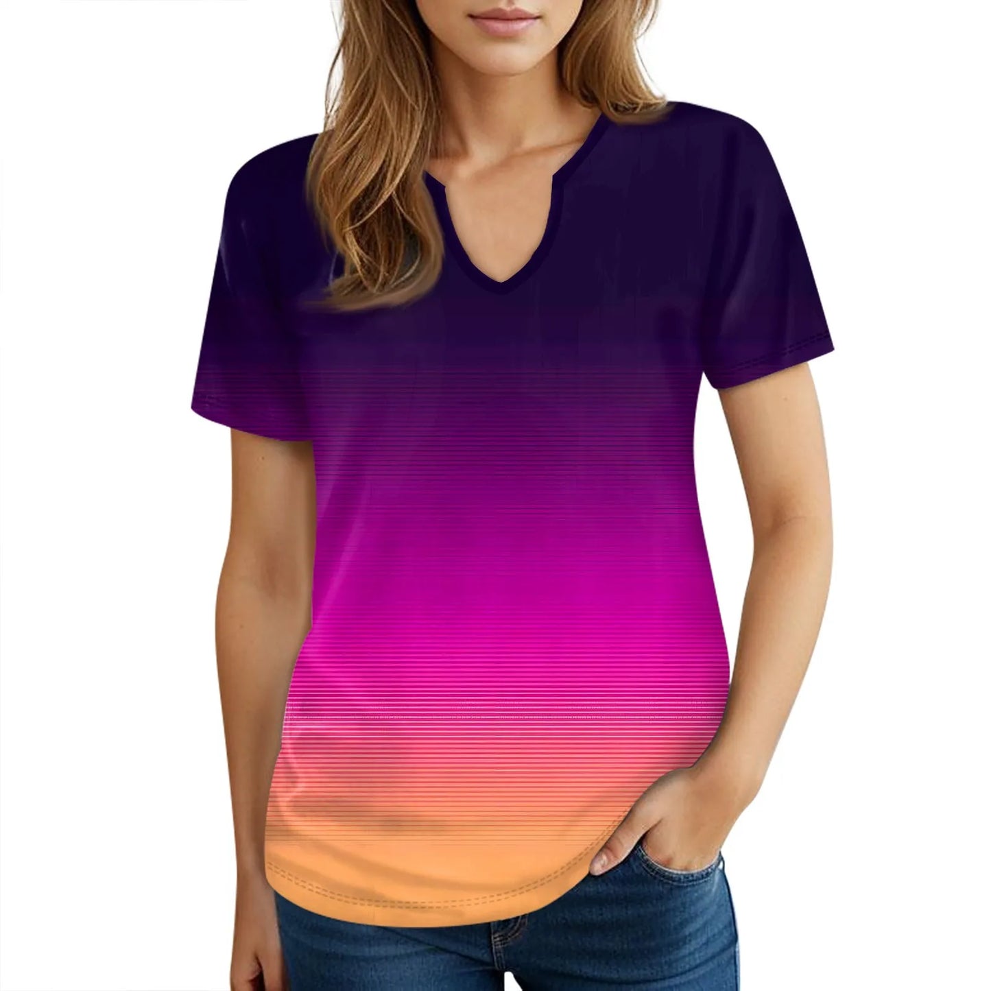 Gradient Rainbow Ombre Short Sleeve Loose Scoop V-Neck Women's T-Shirt