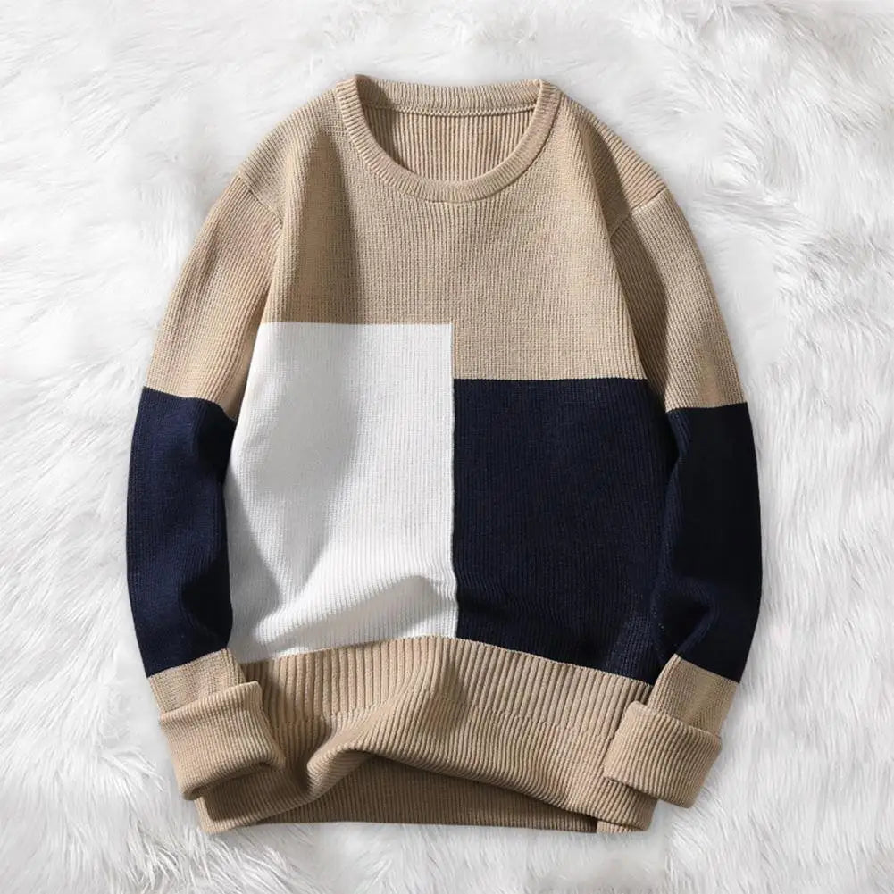 Men's Knitted Colorblock Long Lantern Sleeve Patchwork Round Neck Loose Sweater