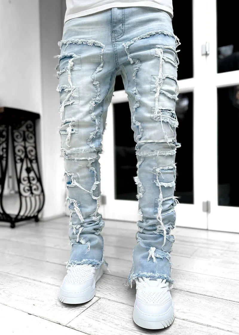 Men's Denim Fringe Ripped Hip-Hop Stretch Stacked Elastic Waist Straight Patchwork Jeans