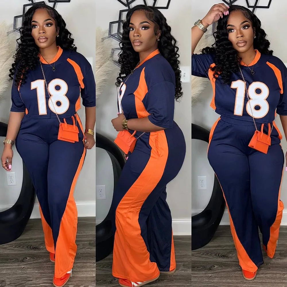 Blue/Orange Women's Number Print Short Sleeve O-Neck Jersey Top + Colorblock Wide Leg Pants 2-Piece Sets