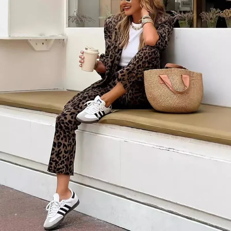 Leopard Printed Women's Long Sleeve Blazer Jacket + Trouser Pants Office Suit