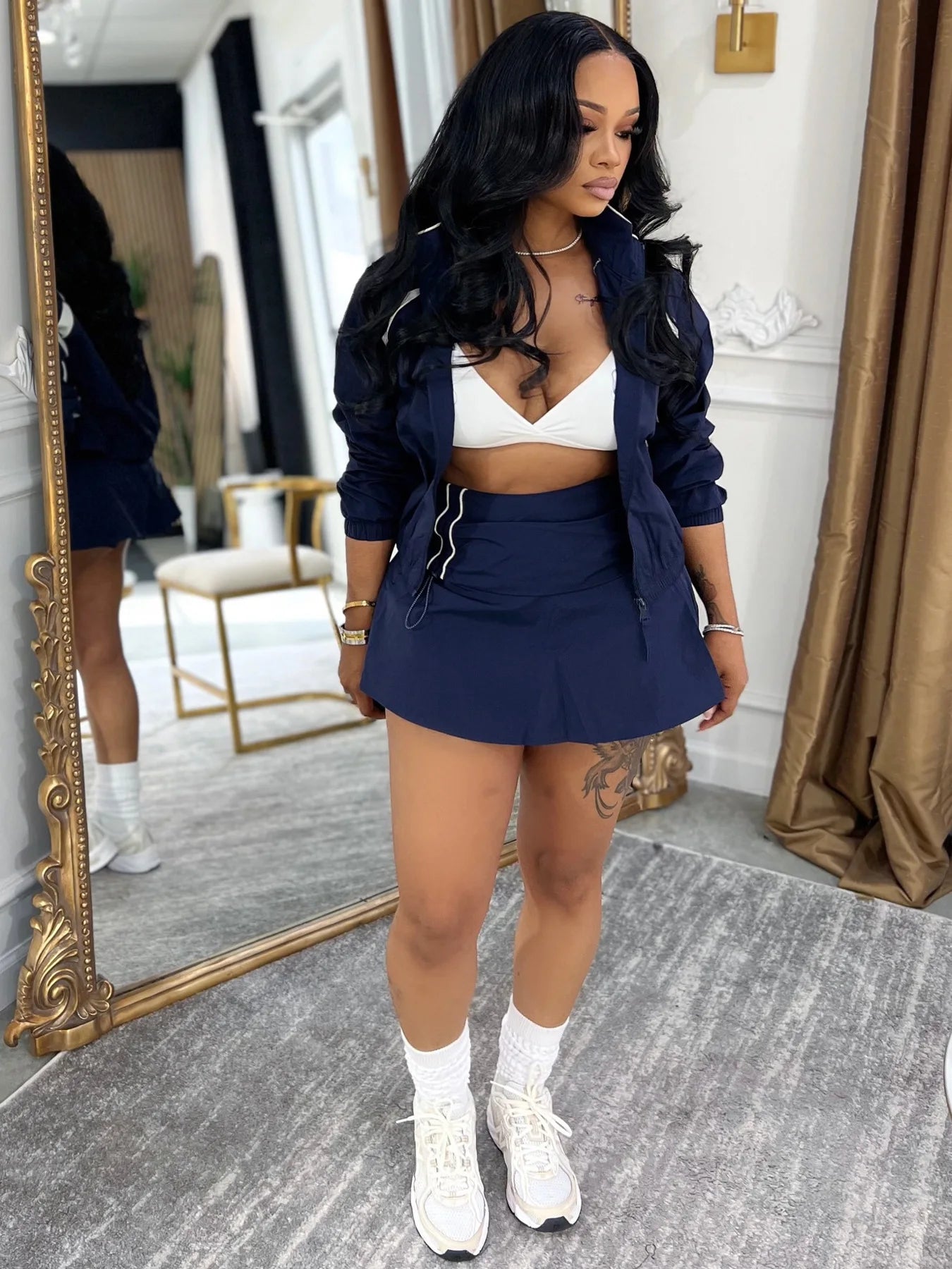 Striped Stand Collar Women's Zipper Fitness Jacket+ Drawstring Ruched Mini Tennis Skirt Solid Color 2-Piece Set