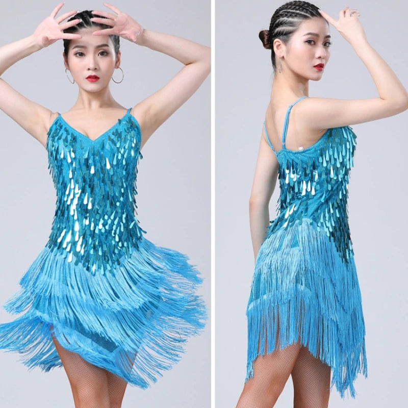 Sparkling Sequined Tassel Fringe Detail Salsa Samba Rumba Tango Latin Dance Flapper Dress