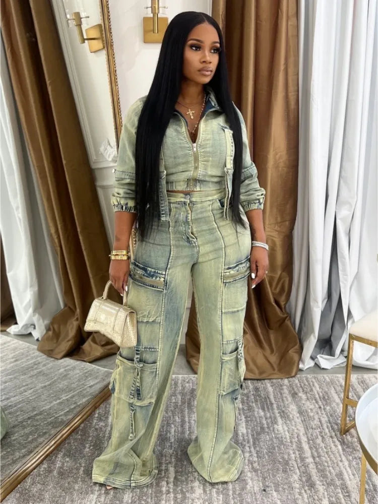 Stretch Faded Denim Women's Long Sleeve Zipper Jean Jacket + Cargo Multi-Pocket Straight Denim Jeans 2-Piece Set