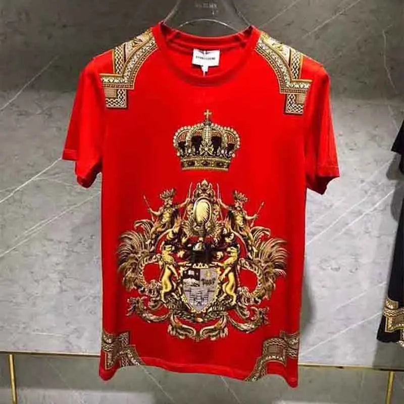 Men's Designer Baroque Gold Metallic Crown Print O-Neck Short Sleeve T-Shirt