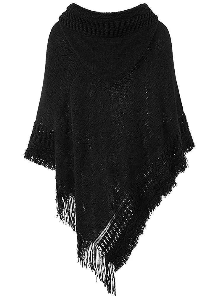 Fringe Tassel Women's Knitted Hooded Crochet Shawl Wrap Sweater