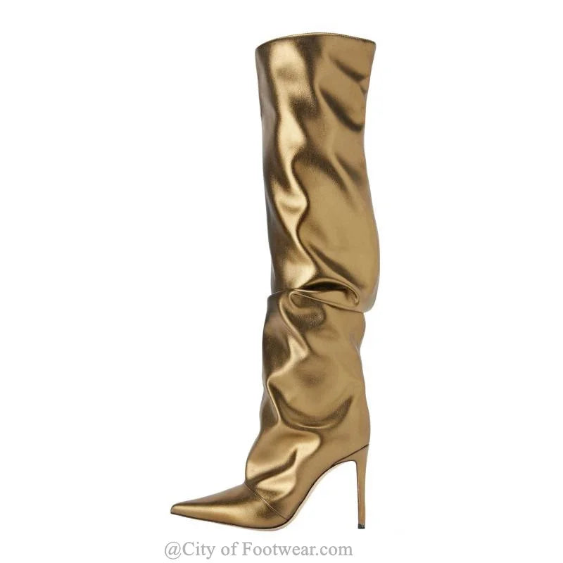 Metallic Leather Pointed Toe Gold\Sliver\Black High Heel Designer Women Knee-High Boots