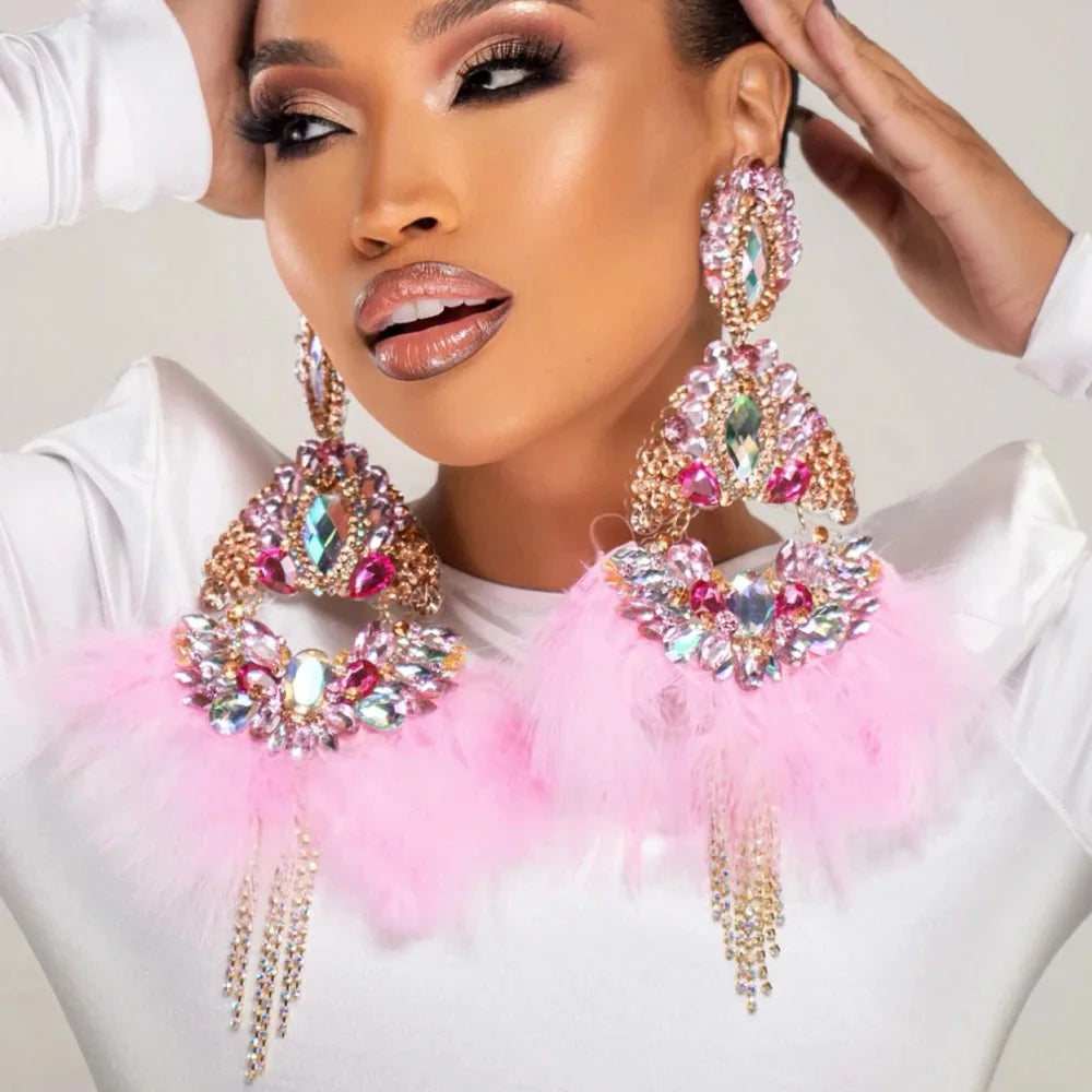 Pink Crystal Rhinestone Oversized Feather Tassel Fringe Earrings