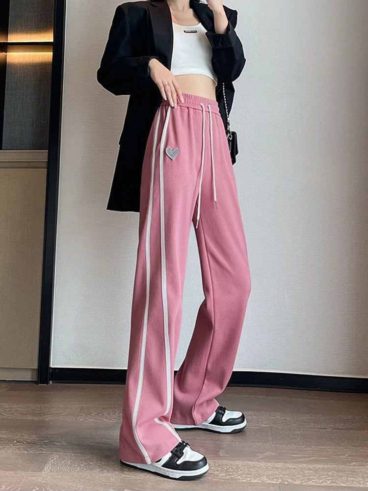 Striped Vintage Lace Up Heart Wide Leg Ladies Sweatpants