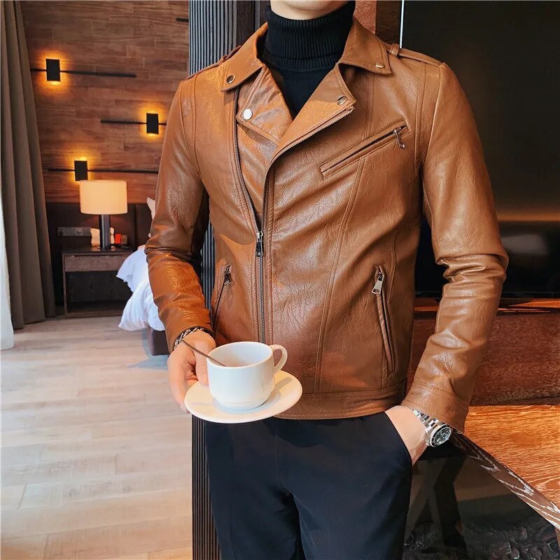 Men's Casual PU Leather Biker Motorcycle Zipper Jacket