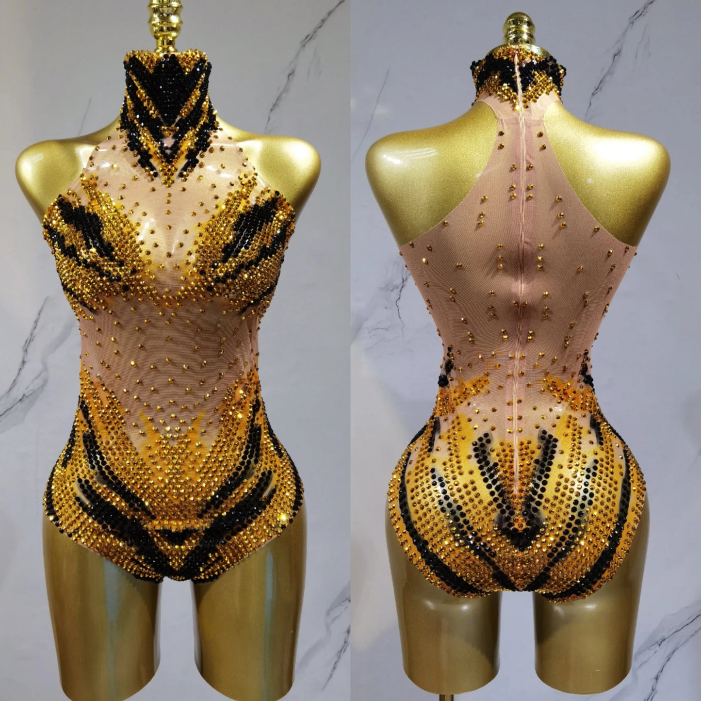 Sparkling Rhinestone Hollow-Out Long Sleeve Stage Formal Stage Performance Skin Tight Bodysuit