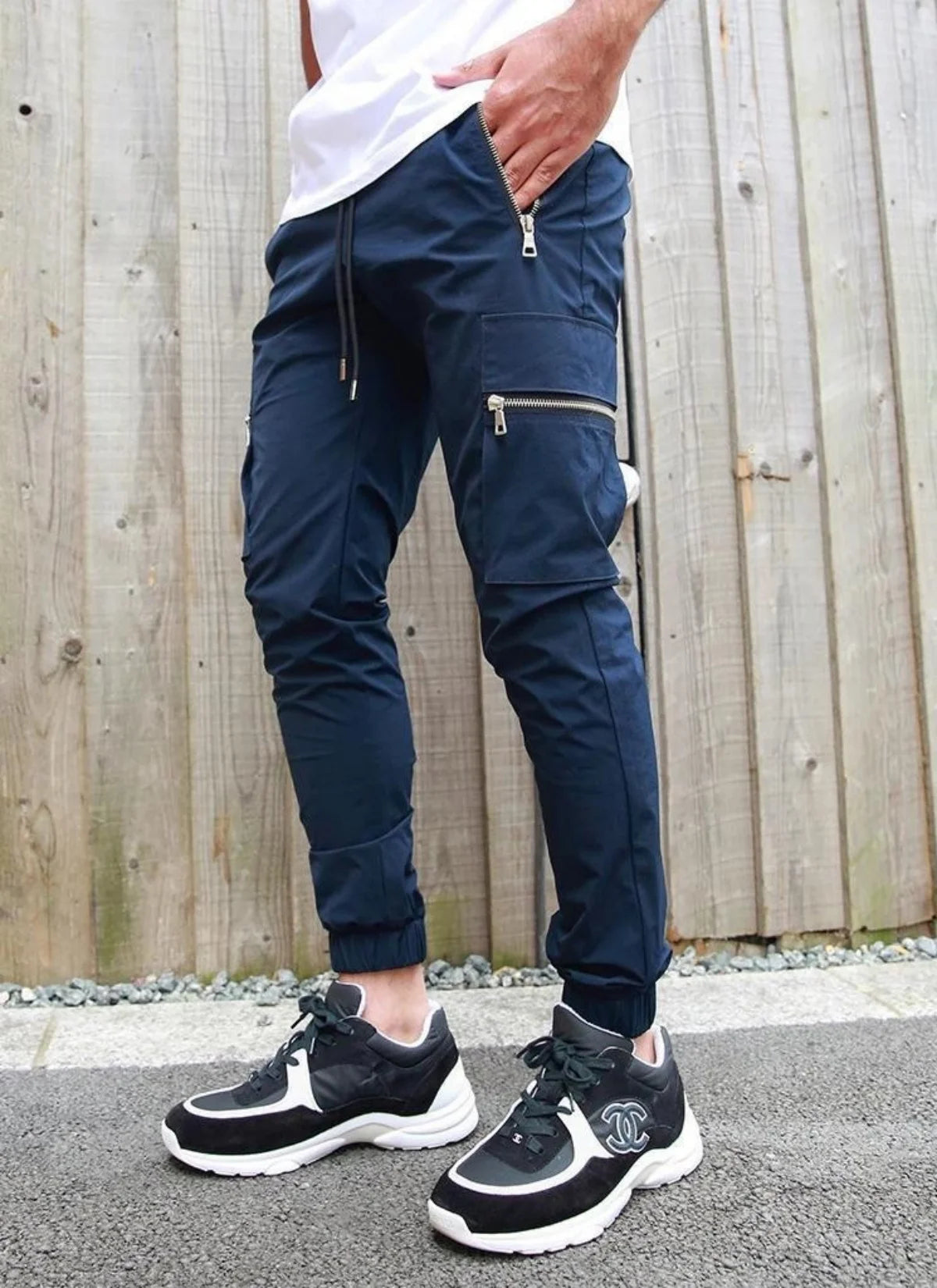 Men's Zipper Pocket Design Drawstring Solid Cargo Pants