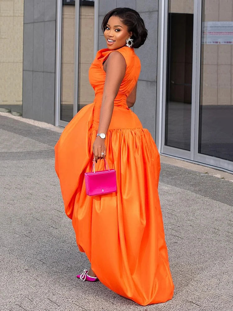 Orange Ruffled Oversized Sleeveless Cinched Waist Formal Maxi Party Prom Dress