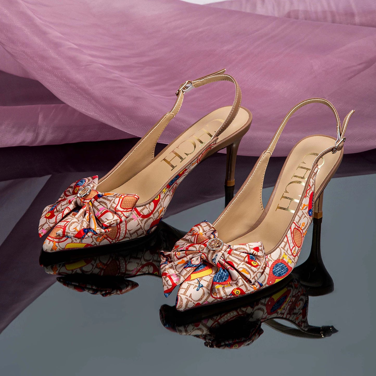 Bowtie Floral/Geometric/Polka Dot/Monogram Letter Print Design Women's High Heel Slingback Pumps