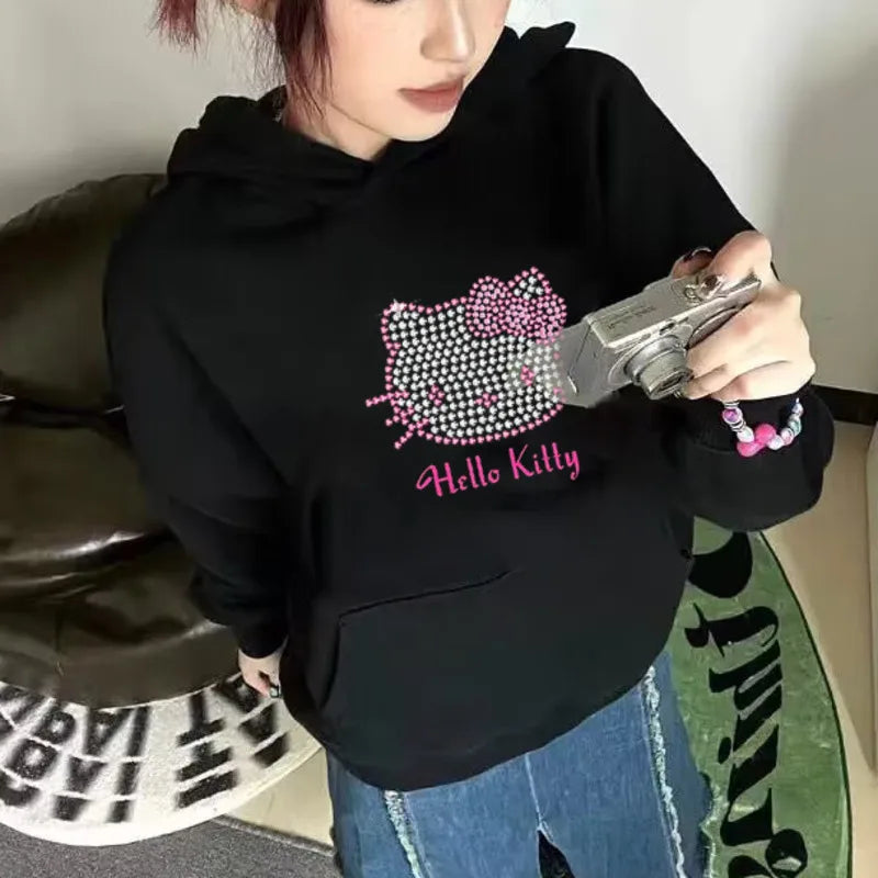 "Hello Kitty" Diamond Rhinestone Sparkling Pattern Hoodie Sweatshirt