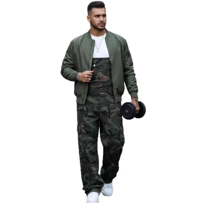 Men's Denim Sleeveless Camoflauge Jean Overalls