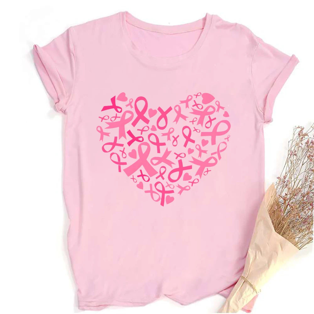 Heart Print Women's Pink Ribbon Breast Cancer Awareness T-Shirt