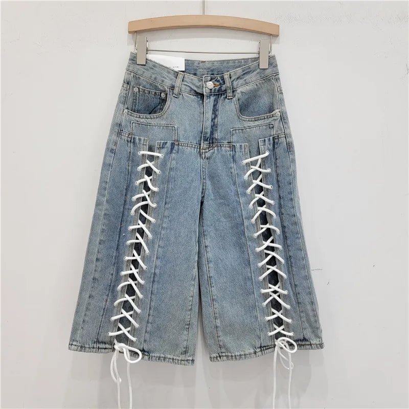 Denim Drawstring Women's Criss-Cross Pattern Lace-Up High Waist Wide Leg Cargo Jean Shorts