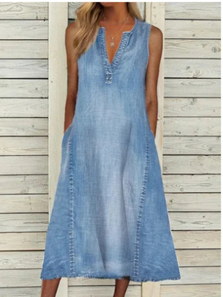 Denim Sleeveless Light Blue Washed A-Line V-Neck Denim Loose Midi Pocketed Jean Dress to 3X