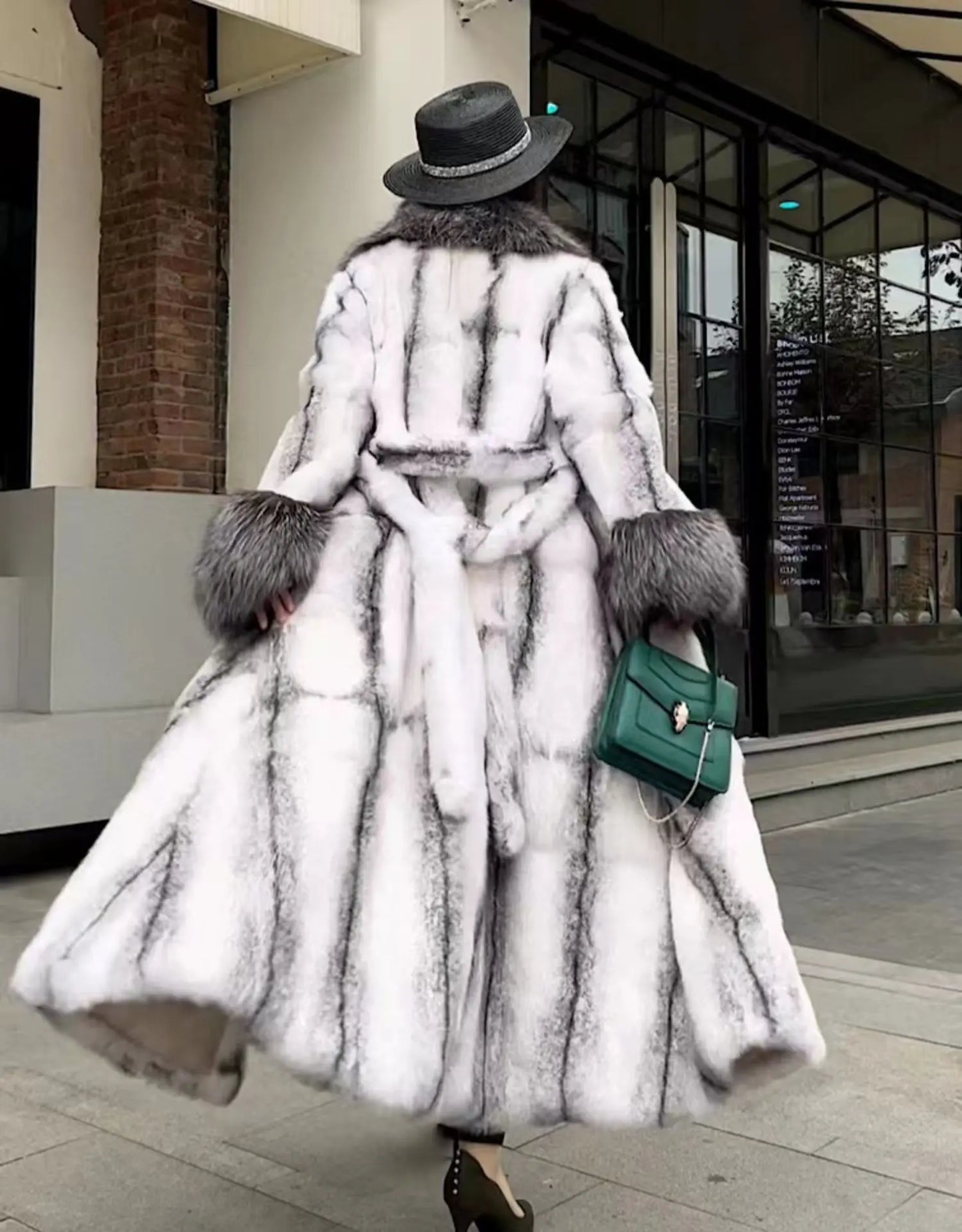 Striped Geometric Colorblock Pattern Pelt Genuine Women's Rabbit Fur Trenchcoat to 6X Plus Size