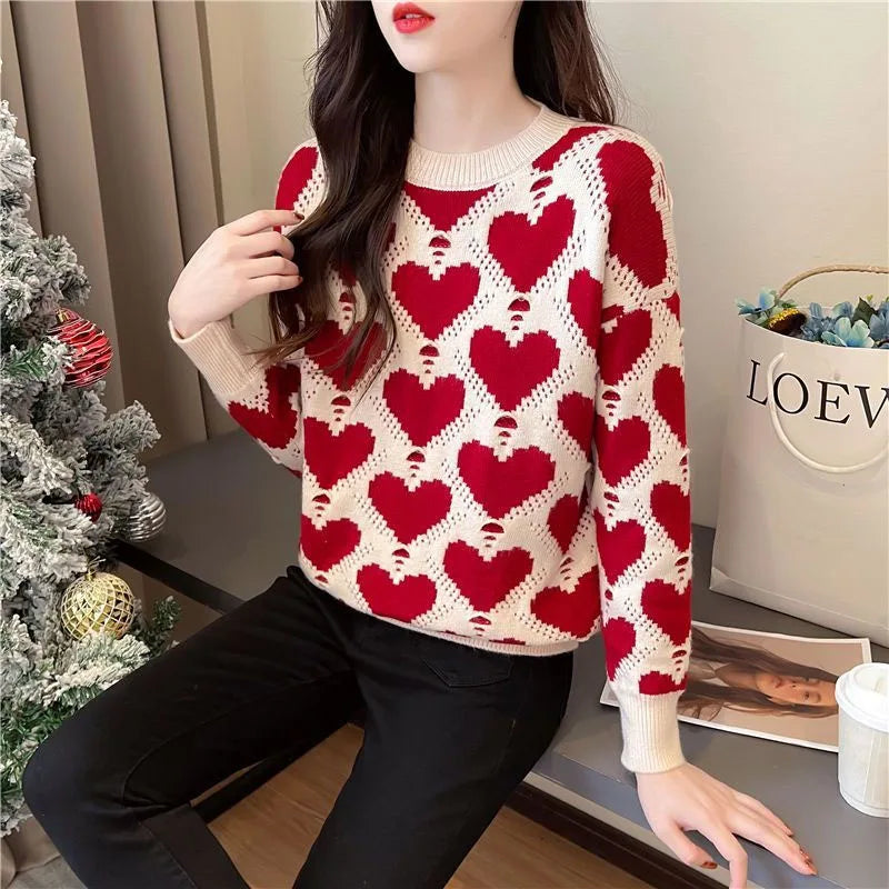 Heart Print Colorblock Jacquard O-Neck Women's Knitted Sweater