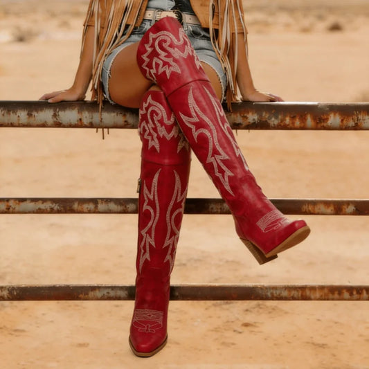 Western Over-the-Knee Women's Embroidered Design Pointed Toe Chunky Heel Cowgirl Rodeo Boots