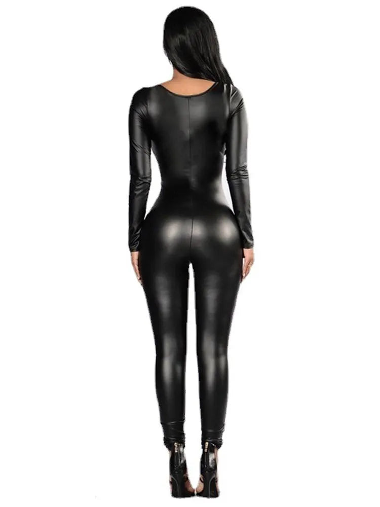 Black Round Neck Elastic PU Leather Long Sleeve Catsuit Jumpsuit