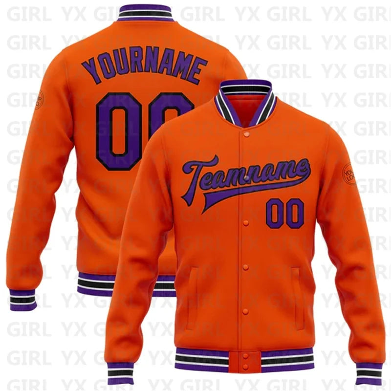 Customized Orange Navy-White Personalized Name Letter 3D Print Full-Snap Varsity Letterman's Baseball Button-Up Bomber Jacket