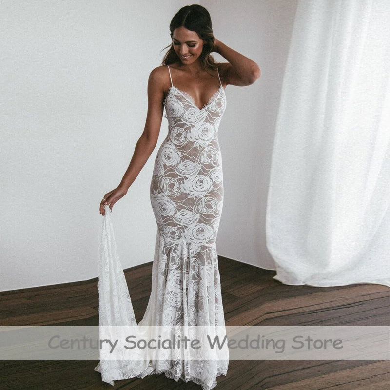 Bohemian Floor-Length Mermaid Spaghetti Strap Backless Rustic Bridal Gown Dress