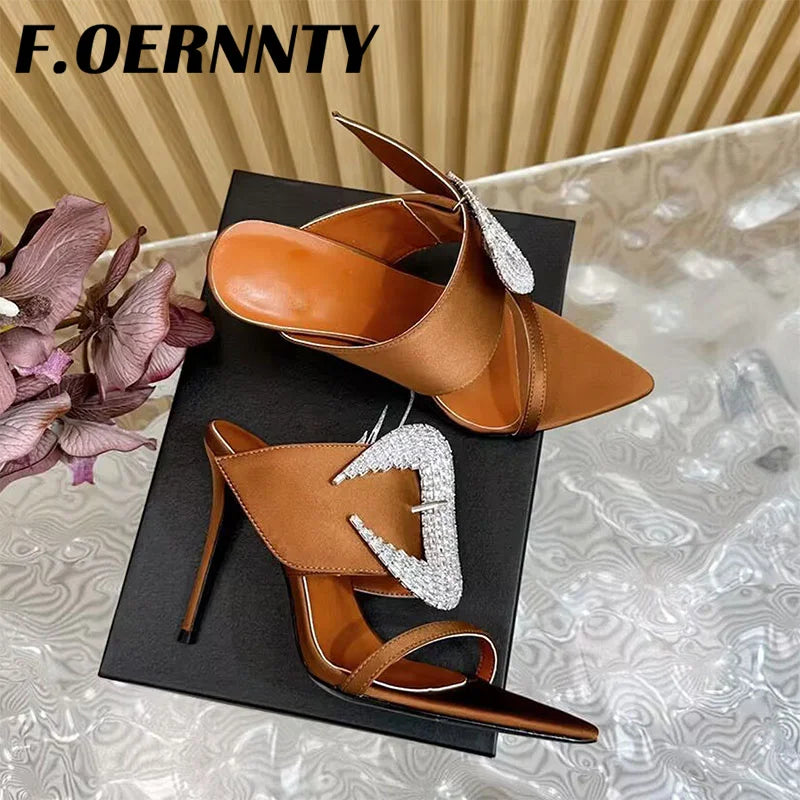 2024 New Satin Rhinestone One Strap Slippers Women Peep Toe High Heels Slides Women Sexy Pointed Toe Slingback Party Slippers