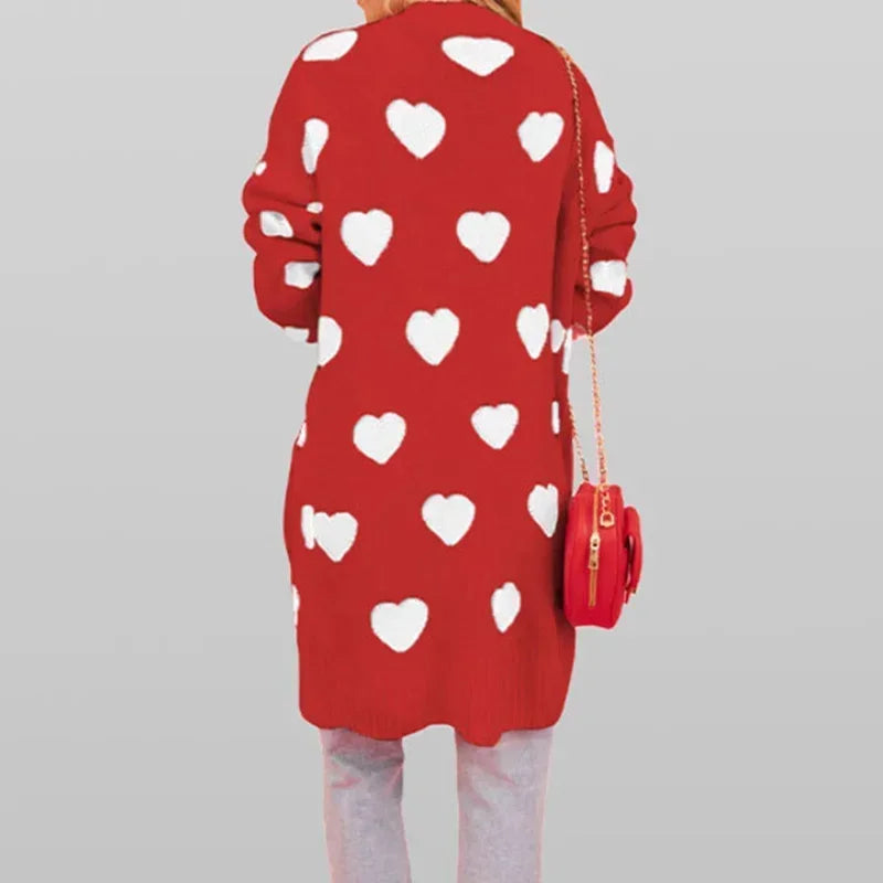 Heart Print Women's Knitted Long Sleeve Maxi Cardigan Sweater