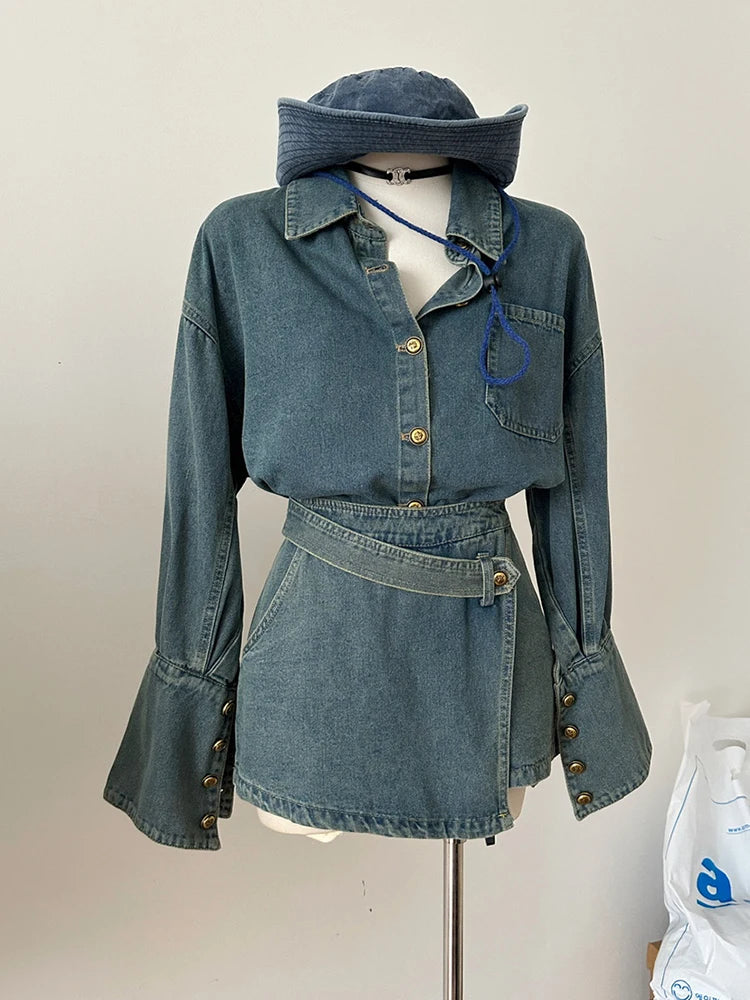 Blue Faded Aesthetic Denim Long Flared Sleeve Button-Up Jean Jacket + Mini Pleated Jean Skirt 2-Piece Set