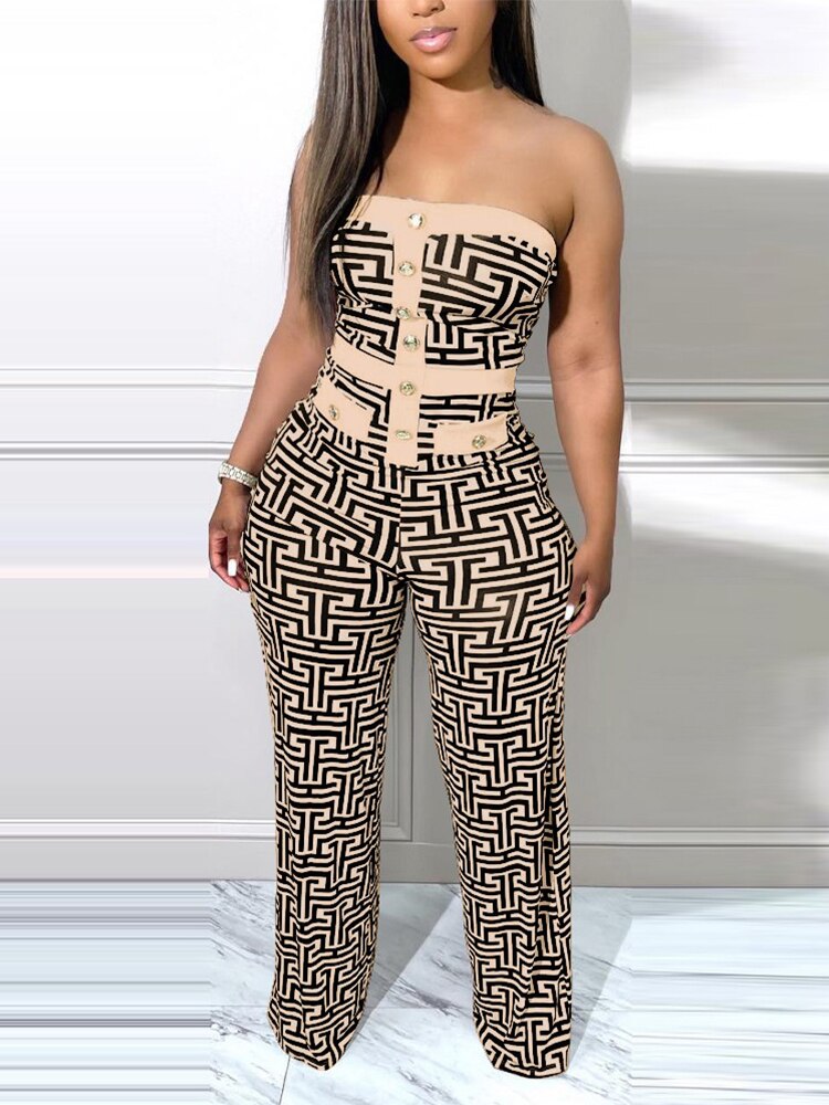 Strapless Tube Geometric Print Button Jumpsuit