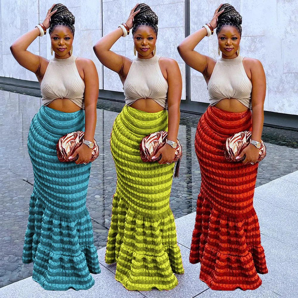 Striped Mermaid Ruffled Hem Maxi Skirt